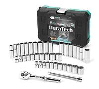 DURATECH 3/8" Drive Socket Set, 40 Piece Tool Set Including Standard (SAE) and Metric Sockets, 90-Tooth Ratchet Handle and Extension Bar