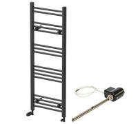 DuraTherm 1200 x 450mm Flat Bar Thermostatic Dual Fuel Heated Towel Radiator - Matt Black