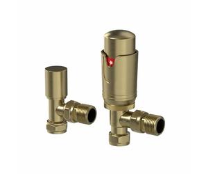 DuraTherm® Thermostatic Radiator Valve Pack Set, 15mm Lockshield TRV & Thermostat, Brushed Brass Valves for Radiators, Angled