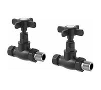 DuraTherm Traditional Manual Straight Towel Radiator Valve Set, 15mm Central Heating Valves for Radiators, Round Crosshead, Black