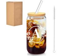 Durdii 16oz Personalized Glass Cup with Lids Straw, Initial Letter Coffee Cup Drinking Glass Clear Cup Personalised Jar Glasses for Milk, Juice, Cookies, Home Decoration Gifts for Friends,Women (A)