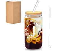 Durdii 16oz Personalized Glass Cup with Lids Straw, Initial Letter Coffee Cup Drinking Glass Clear Cup Personalised Jar Glasses for Milk, Juice, Cookies, Home Decoration Gifts for Friends,Women (J)