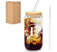 Durdii 16oz Personalized Glass Cup with Lids Straw, Initial Letter Coffee Cup Drinking Glass Clear Cup Personalised Jar Glasses for Milk, Juice, Cookies, Home Decoration Gifts for Friends,Women (E)
