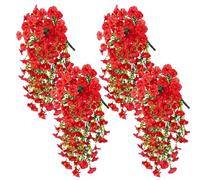 Durdiiy 4Pcs Artificial Hanging Flowers UV Resistant Fake Plants Flower Bouquet Hang Vine Drooping Plant for Wall Home Spring Garden Porch Wedding Room Yard Patio Indoor Outdoor Decor (Red)