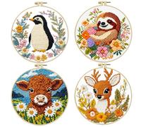 Durdiiy 4pcs Embroidery Kit for Beginners, Small Animals Between Flowers Starter Adults, Included,Punch Needle,Instruction Book, Complete Knitting Sewing Supplies Adults Stitching Gift Women Lovers