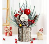 Durdiiy Artificial Christmas Flowers Mini Christmas Tree Fake Plants in Wooden Barrels Handmade Exquisite Nordic Desktop Table Ornaments Xmas Gifts Decorations for Home Living Dinning Room (B)
