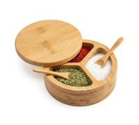 Durdiiy Bamboo Salt and Pepper Box, Cellar with Swivel Lid Spoon, Pot, 3 Compartments Wooden Container, Bowl for Kitchen to Storage Sugar Herbs Seasonings