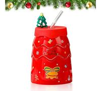 Durdiiy Christmas Mug, Christmas Coffee Mug with Straw and Lid, 450ML Christmas Cups Ceramic Coffee Mugs 460ML,Festival Cute Xmas Mugs Ceramic Tea Cups Gift Box for Parents,Sweetie and Friends (red)