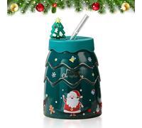 Durdiiy Christmas Mug, Christmas Coffee Mug with Straw and Lid, 450ML Christmas Cups Ceramic Coffee Mugs 460ML,Festival Cute Xmas Mugs Ceramic Tea Cups Gift Box for Parents,Sweetie and Friends (green)