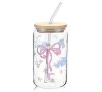 Durdiiy Drinking Glasses with Bamboo Lids and Glass Straw, 16oz Little Bear Pink Bow Beer Can Tumbler Ice Coffee Cup, Cups for Cocktail, Coke, Tea, Juice, Soda, Gifts Women (A)