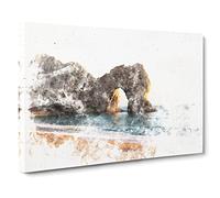 Durdle Door Cliffs At Sunset Watercolour Modern Canvas Wall Art Print Ready to Hang, Framed Picture for Living Room Bedroom Home Office Décor, 20x14 Inch (50x35 cm)