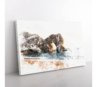 Durdle Door Cliffs At Sunset Watercolour Modern Canvas Wall Art Print Ready to Hang, Framed Picture for Living Room Bedroom Home Office Décor, 60x40 cm (24x16 Inch)