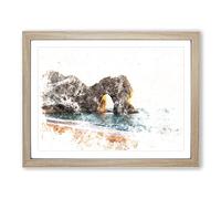 Durdle Door Cliffs At Sunset Watercolour Modern Framed Wall Art Print, Ready to Hang Picture for Living Room Bedroom Home Office Décor, Oak A4 (34 x 25 cm)