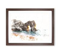 Durdle Door Cliffs At Sunset Watercolour Modern Framed Wall Art Print, Ready to Hang Picture for Living Room Bedroom Home Office Décor, Walnut A4 (34 x 25 cm)