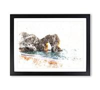 Durdle Door Cliffs At Sunset Watercolour Modern Framed Wall Art Print, Ready to Hang Picture for Living Room Bedroom Home Office Décor, Black A2 (64 x 46 cm)