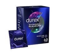 Durex Extended Pleasure, 40 Condoms, Regular Fit, With Performa Silicone Lube, Easy on Shape, Teat Ended, Natural Latex, Pre Lubricated