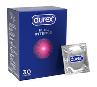 Durex Feel Intense, 30 Condoms, Ribbed & Dotted, Pre Lubricated | Ribbed & Dotted, Desirex Gel, Warming, Cooling & Tingling Sensations, Regular Fit Condoms, Easy On, Teat Ended