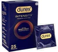 Durex Intensity, 25 Condoms, Better Body Heat Transfer, Ultra Thin | Latex Free, Ultra Thin Plus, Transparent, Moulds to Your Shape, Pre Lubricated with Silicone Lube, Body Heat Transfer