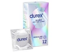 Durex Nude Extra Lube, Regular Fit, 12 Pack, Ultra Thin, Designed to Feel It All, Extra Lubrication, Silicone Lube, Easy On Shape, Secure