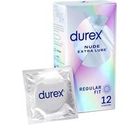 Durex Nude Extra Lube, Regular Fit, 12 Pack, Ultra Thin, Designed to Feel It All, Extra Lubrication, Silicone Lube, Easy On Shape