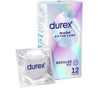 Durex Nude Extra Lube, Regular Fit, 12 Pack, Ultra Thin, Designed to Feel It All, Extra Lubrication, Silicone Lube, Easy On Shape
