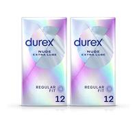 Durex Nude Extra Lube, Regular Fit, 24 Pack (12 x 2 Packs), Ultra Thin, Designed to Feel It All, Extra Lubrication, Silicone Lube, Easy On Shape, Secure