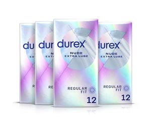 Durex Nude Extra Lube, Regular Fit, 48 Pack (12 x 4 Packs), Ultra Thin, Designed to Feel It All, Extra Lubrication, Silicone Lube, Easy On Shape, Secure