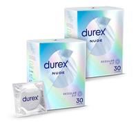 Durex Nude, Ultra Thin, 30 Condoms, Regular Fit, with Silicone Lube, Easy on Shape, Teat Ended, Our Thinnest Condom Yet, Transparent Natural Latex Condoms, Trusted Durex Protection x 2-60 Foils