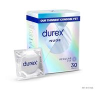 Durex Nude, Ultra Thin, 30 Condoms, Regular Fit, With Silicone Lube, Easy on Shape, Teat Ended, Our Thinnest Condom Yet, Transparent Natural Latex Condoms, Trusted Durex Protection
