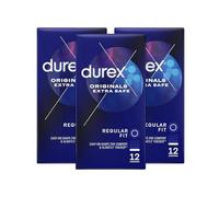 Durex Originals Extra Safe, 36 Condoms (12s x 3), Silicone Lubricated | Easy On Shape, Teat Ended,Designed Thicker for Extra Reassurance, Natural Latex, Pre Lubricated with Silicone Lube