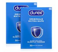 Durex Originals Extra Safe, 60 Condoms (30s x 2), Silicone Lubricated | Easy On Shape, Teat Ended,Designed Thicker for Extra Reassurance, Natural Latex, Pre Lubricated with Silicone Lube