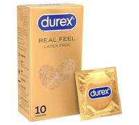 Durex Real Feel, 10 Condoms, Regular Fit, Latex Free, Pre Lubricated, Thick Thickness