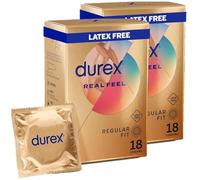 Durex Real Feel, 18s (Pack of 2, 36 Condoms), Regular Fit, Latex Free Condoms, Extra Silicone Lube, Easy On Shape, Teat Ended