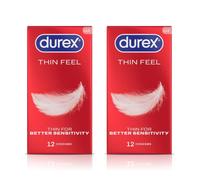Durex Thin Feel, 24 Condoms (12s x 2), Silicone Lubricated | Thinner for More Sensitivity, Pre Lubricated with Silicone Lube, Easy On, Teat Ended, Durex Condoms, Thin Feel