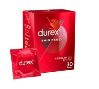 Durex Thin Feel, 30 Condoms, With Silicone Lube, Easy On Shape, Regular Fit, Natural Latex, Thin for More Sensitivity, Same Durex Security and Protection, Teat Ended