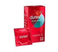 Durex Thin Feel Close Fit, 12 Condoms, Silicone Lubricated | Thinner for More Sensitivity, Pre Lubricated with Silicone Lube, Easy On, Teat Ended, Durex Condoms, Thin Feel