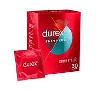 Durex Thin Feel Condoms, Close Fit, 30s, Secure, Tighter, Natural Latex, with Silicone Lube, Easy On Shape