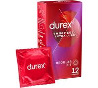 Durex Thin Feel Extra Lube Condoms, Regular Fit, 12s, Secure, Natural Latex, with Silicone Lube, Easy On Shape, More Sensitivity