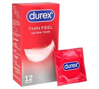 Durex Thin Feel Ultra Thin, 12 Condoms, Silicone Lubricated | Thinner for More Sensitivity, Pre Lubricated with Silicone Lube, Easy On, Teat Ended, Durex Condoms, Thin Feel