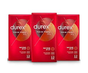Durex Thin Feel XL Extra Large Condoms, Enhanced Sensitivity, Pack of 3 x 12, Total 36, First Aid Kits, Ultimate Comfort, Intimate Protection, Premium Quality, Safe and Reliable