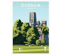 Durham Travel Poster - Cricket Match with Cathedral in Background - A4 Size - Matt Poster Paper