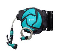 DURHAND 10m Garden Hose Reel Wall Mounted Auto Rewind with 7 Patterns Spray Nozzle, Includes Wall Fixings