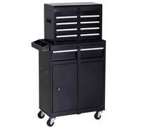 DURHAND Tool Chest 2 in 1 Metal Tool Cabinet Storage Box with 5 Drawers Pegboard Wheels 60x28x104.5cm Black