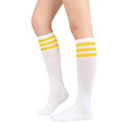 Durio Knee Socks Women's Winter High Socks Women's Thermal Long Stockings Women's Warm Long Socks White Blue Stripes One Size, White yellow stripes, One Size