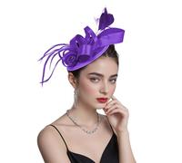 Durio Women Fascinator hat with Flower Ribbon and Feather Headwear on Hairband and Alligator Clip Hair Accessories for Wedding Guest Cocktail Party and Tea Party Purple