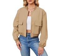 Durio Womens Bomber Jacket Fashion Short Cropped Jacket Casual Jackets for Women Varsity Jacket with Pockets Spring Fall, Khaki, Large