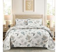 DURLENGEN Birds & Floral 100% Cotton King Quilt 3Pcs,Reversible Birds & Flowers Pattern on White,Luxury Lightweight Coverlet Sets for All Season(King 106x96,Birds & Floral)