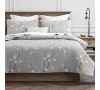 DURLENGEN Floral Quilt Set Queen Size 3Pcs Bedding, Grey Branch with Yellow Turquoise Polka Dot Pattern All Season Lightweight Coverlet Sets(Queen 90x96, Botanical Grey)