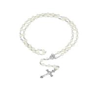 Durlo White Pearl Catholic Rosary Beads Necklace with Crucifix Charms Glass Beads Prayer for Religious Use and Stylish Adornment