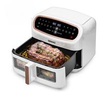 Duronic AF34 WE Triple Drawer 10L Digital Air Fryer with Visual Window, Dual Zone, 10-in-1 Large Drawer AirFryer for Family, Uses No Oil, Air Fry, Roast, Bake, Dishwasher Safe Non-Stick Baskets, White